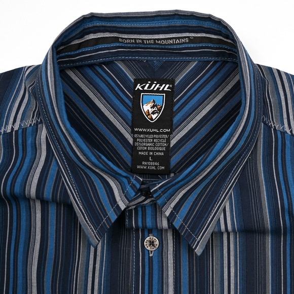 Kuhl Shirt Button Down Short Sleeve Blue Striped Hiking Men's Large Poly Blend - Picture 6 of 7
